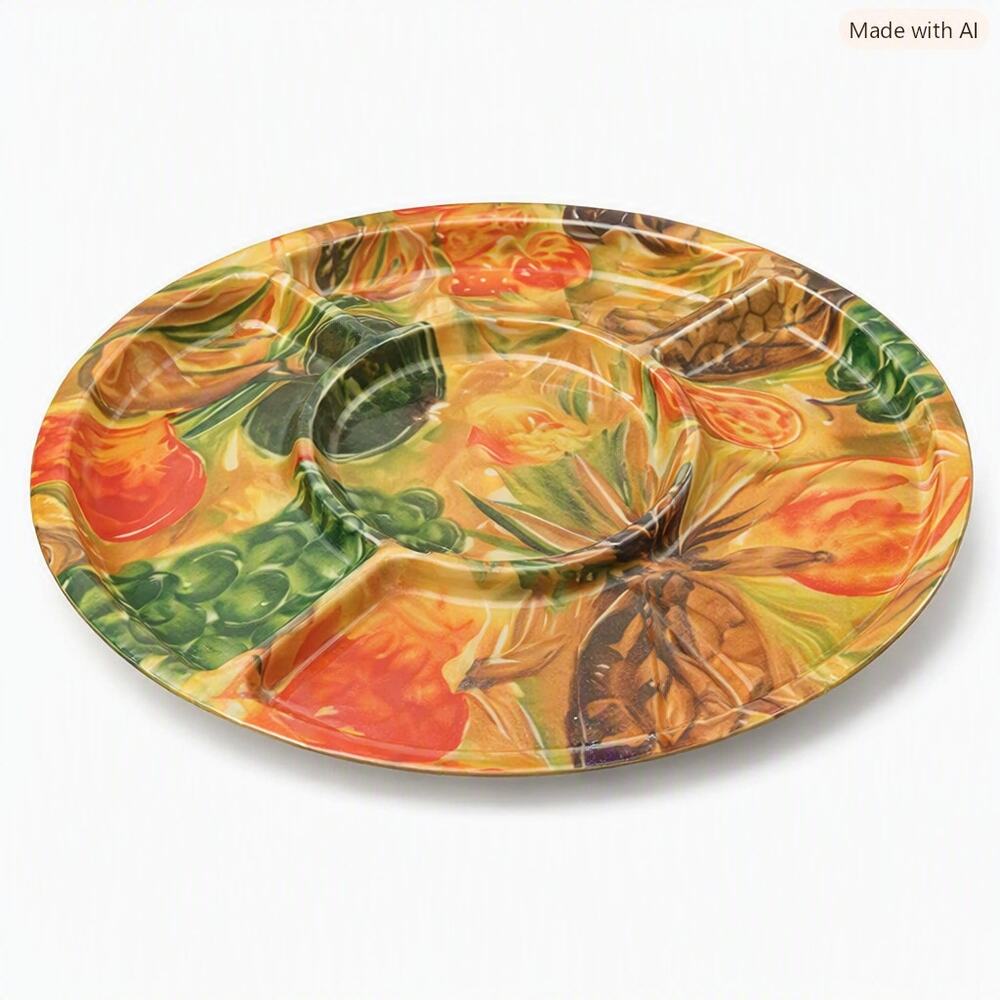 VTG Traymold Tropical Fruit Print Sectioned Serving Platter 17 inch Fiberglass